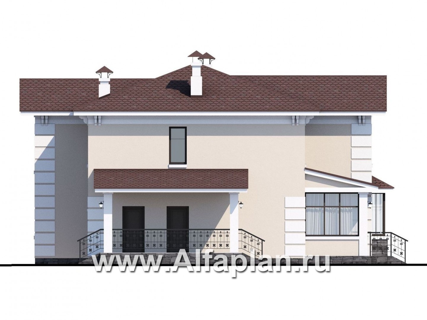 Проекты домов Альфаплан - «Галатея» - проект двухэтажного дома с эркером и с остекленной верандой, в стиле эклектика - изображение фасада №3