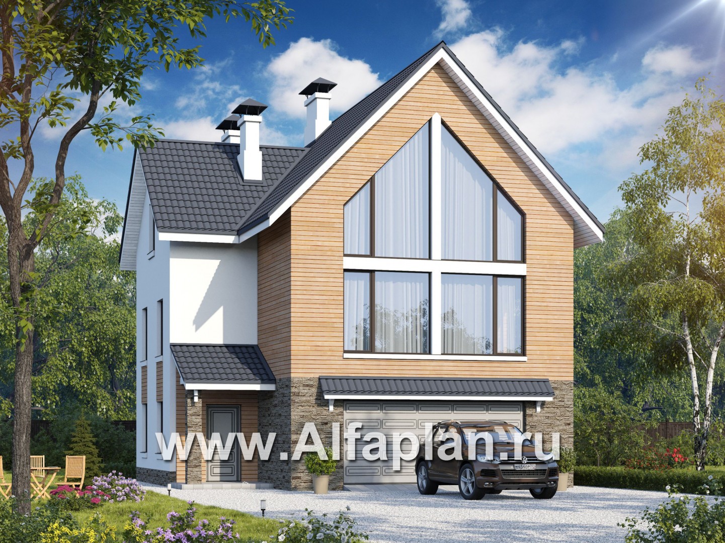 Проекты домов Альфаплан - «Сапфир» - трехэтажный дом с большим гаражом для маленького участка - основное изображение