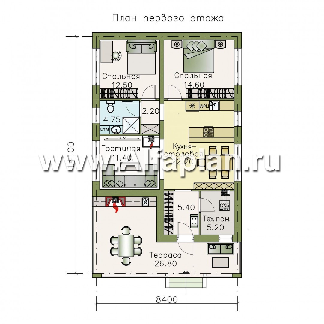 Проекты домов Альфаплан - «Мелета» - уютный одноэтажный дом с двумя спальнями - план проекта №1