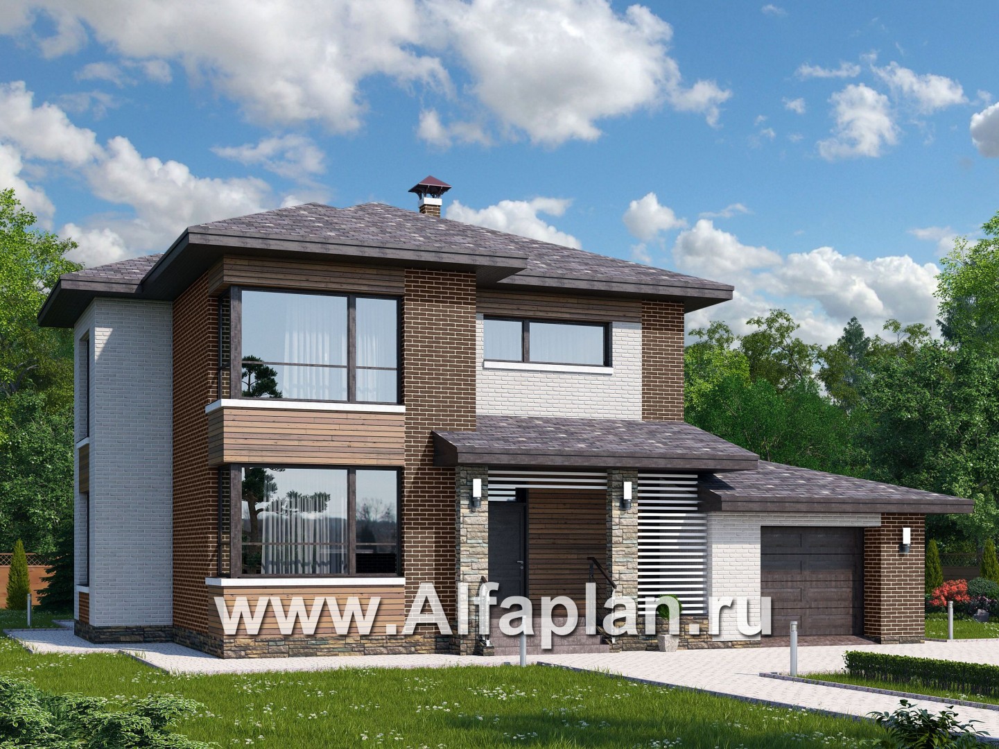 Проекты домов Альфаплан - «Эридан» - современный стильный дом с террасой и гаражом - основное изображение