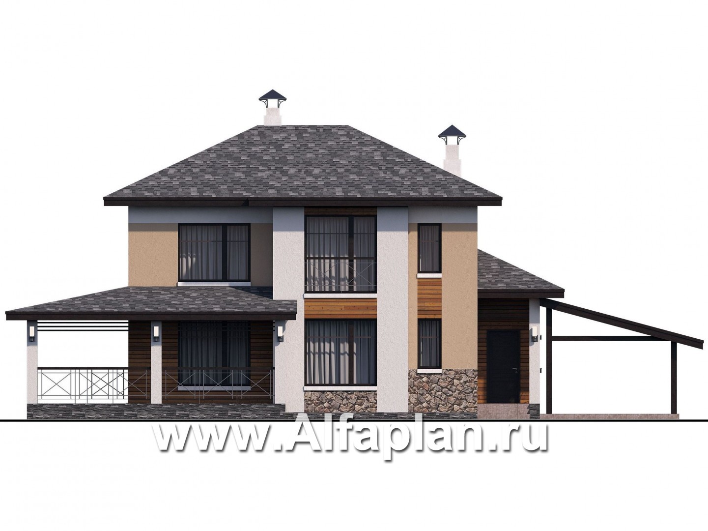 Проекты домов Альфаплан - «Стимул» - рациональный загородный дом с навесом для машины - изображение фасада №1