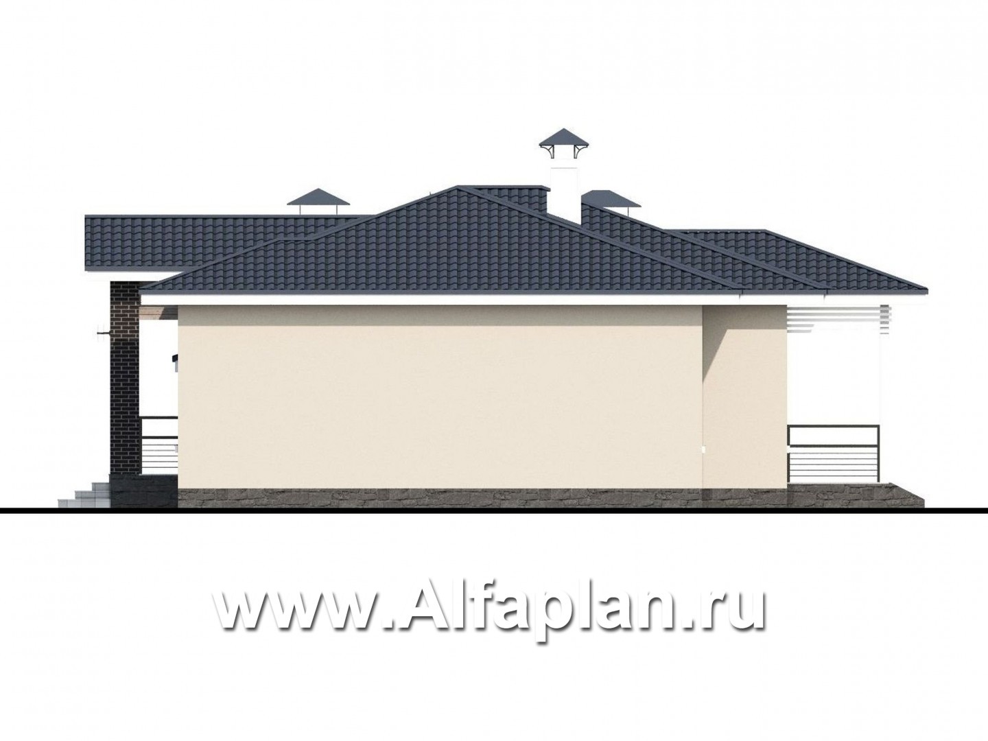 Проекты домов Альфаплан - «Бирюса» - одноэтажный коттедж для небольшой семьи, с теплым гаражом - изображение фасада №2