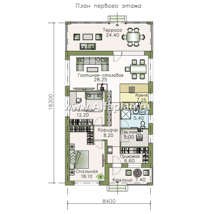 Проекты домов Альфаплан - «Каллиопа» - одноэтажный дом для узкого участка с двумя спальнями - превью плана проекта №1