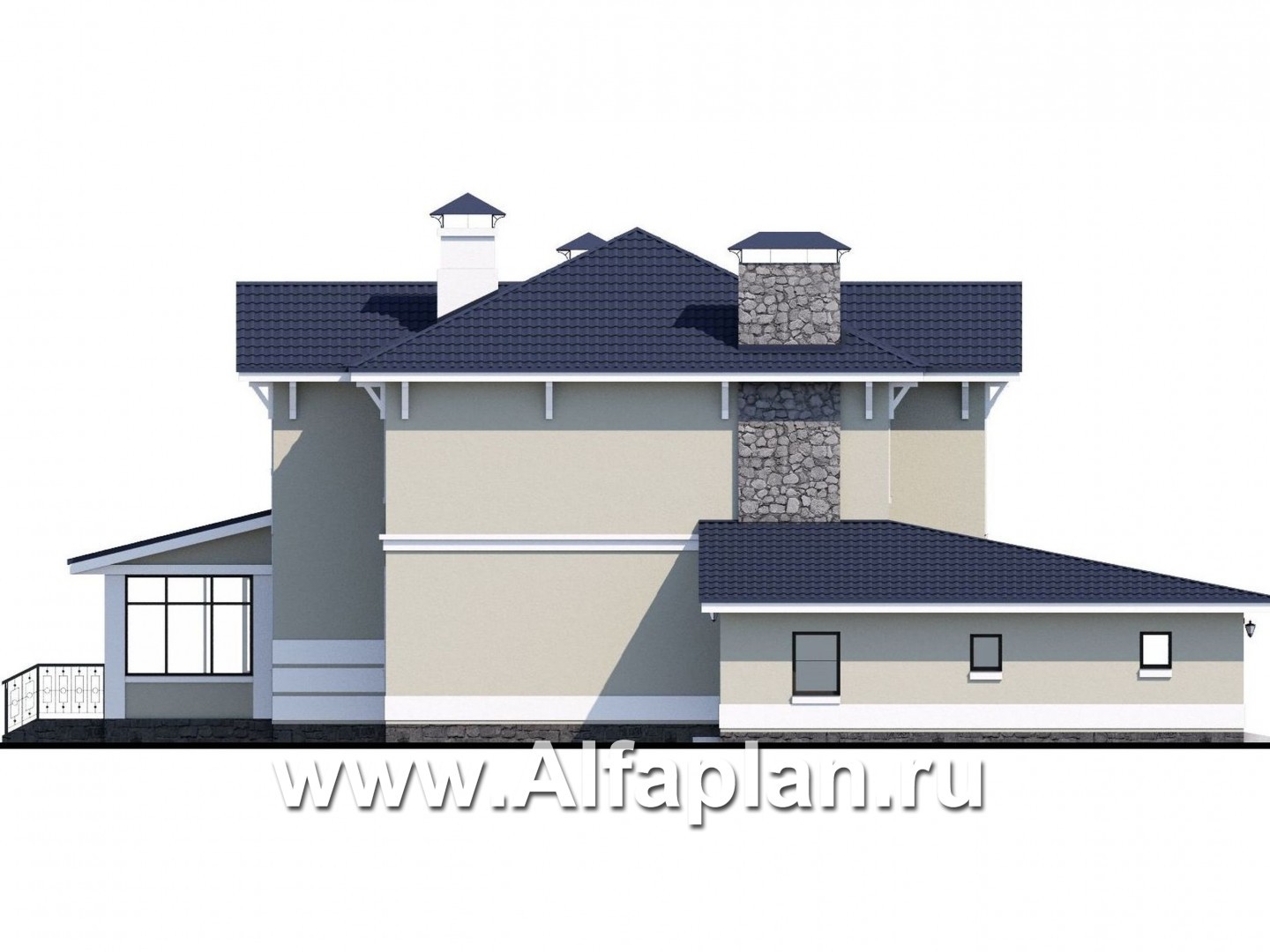 Проекты домов Альфаплан - «Семь ветров» - проект двухэтажного дома, с террасой, с гаражом на 2 авто, в стиле эклектика, - изображение фасада №3