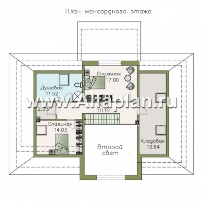 Проекты домов Альфаплан - «Волга» - коттедж с тремя жилыми комнатами на 1 этаже и с жилой мансардой - превью плана проекта №2