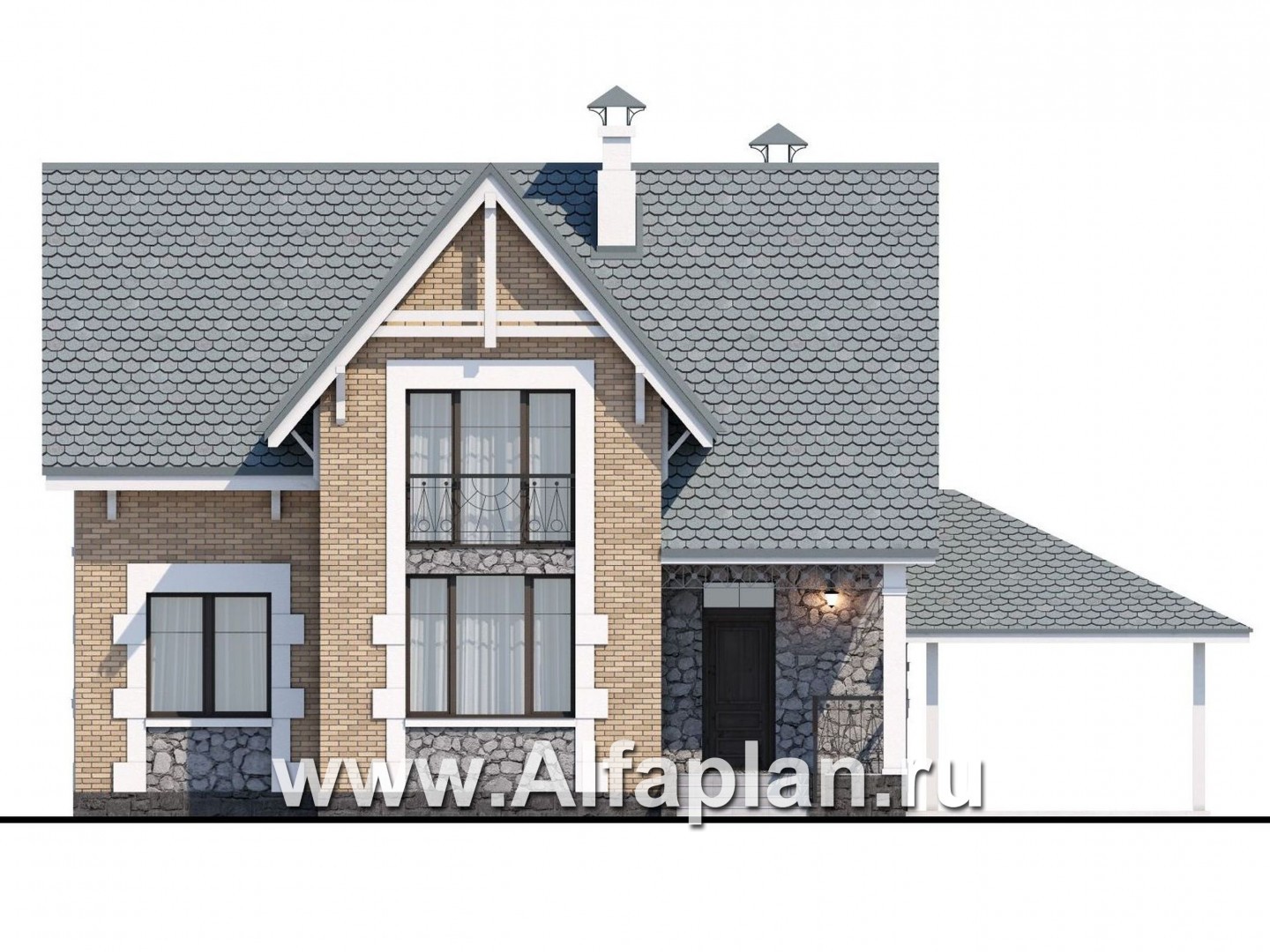 Проекты домов Альфаплан - Коттедж из кирпича «Семейное гнездо» с навесом для машины - изображение фасада №1