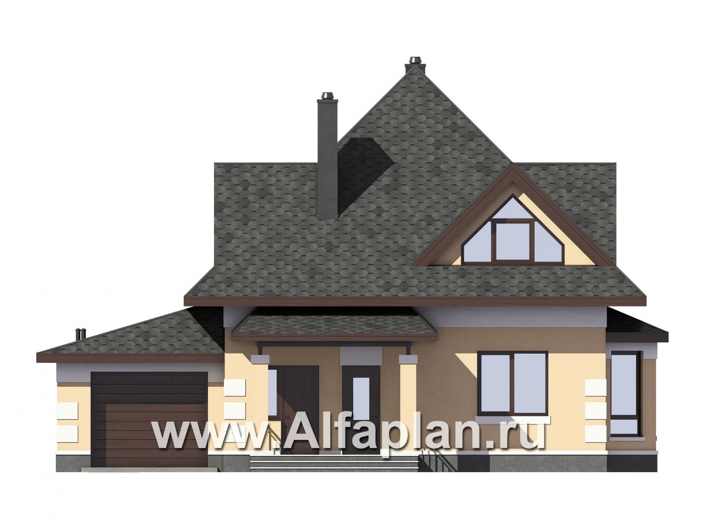 Проекты домов Альфаплан - Компактный мансардный дом c гаражом из газобетона - изображение фасада №1