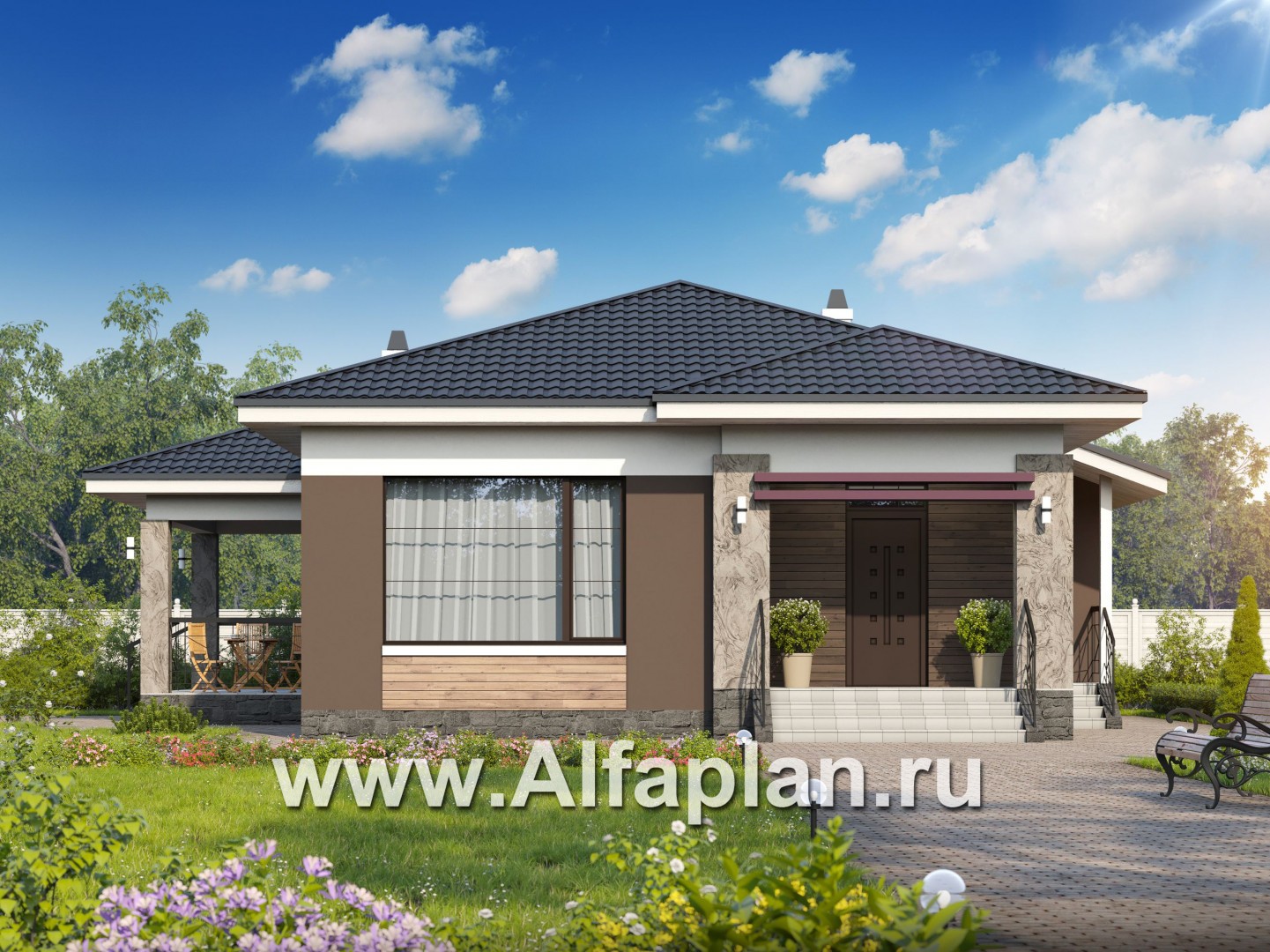 Проекты домов Альфаплан - «Ариадна» - одноэтажный дом для узкого участка - основное изображение