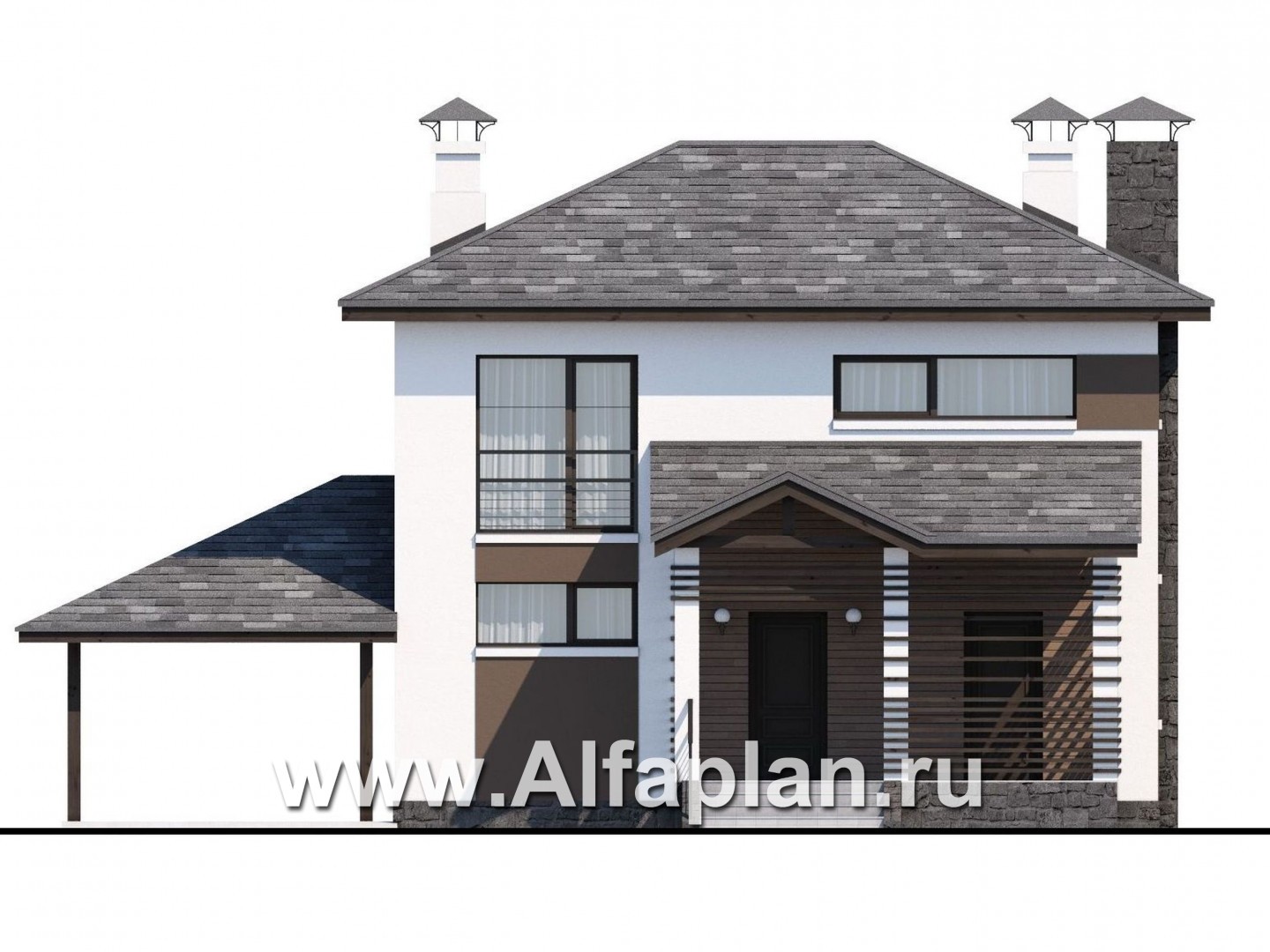 Проекты домов Альфаплан - Кирпичный дом «Панорама» с гаражом навесом - изображение фасада №1