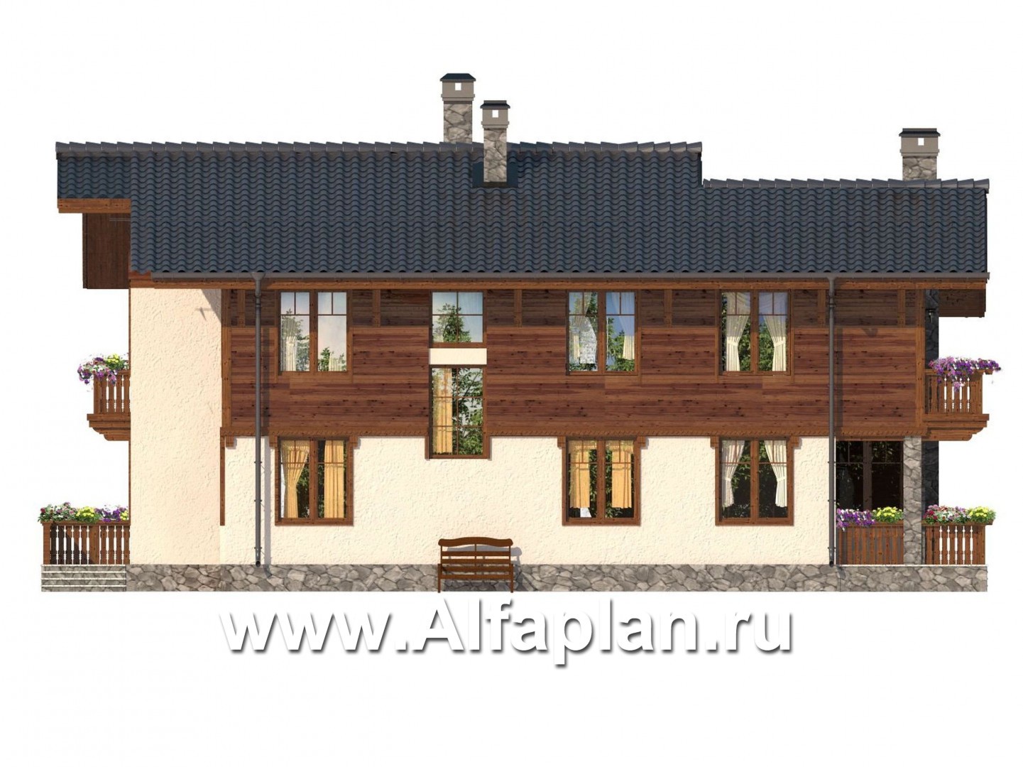 Проекты домов Альфаплан - Двуxэтажный дом с навесом для машины - изображение фасада №1