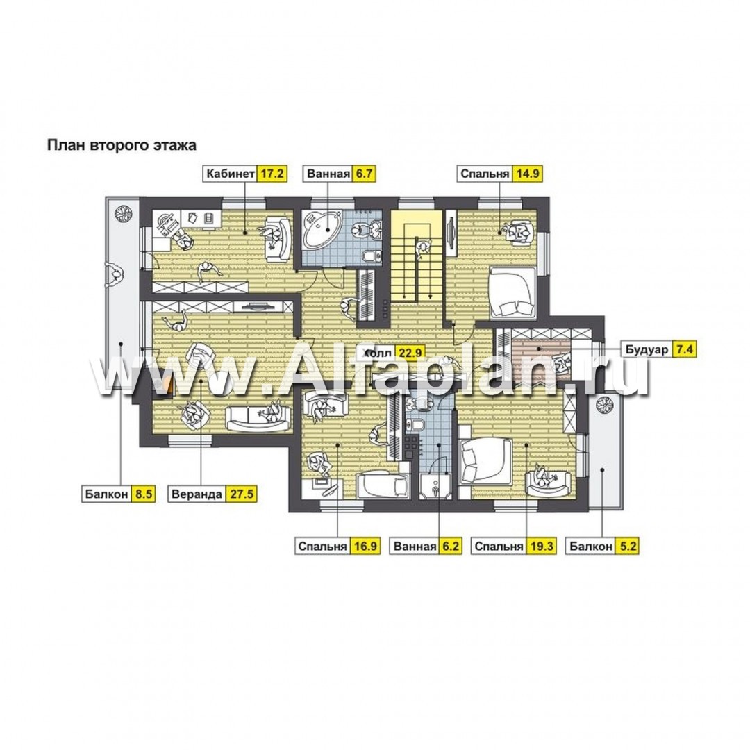 Проекты домов Альфаплан - Двуxэтажный дом с навесом для машины - план проекта №2