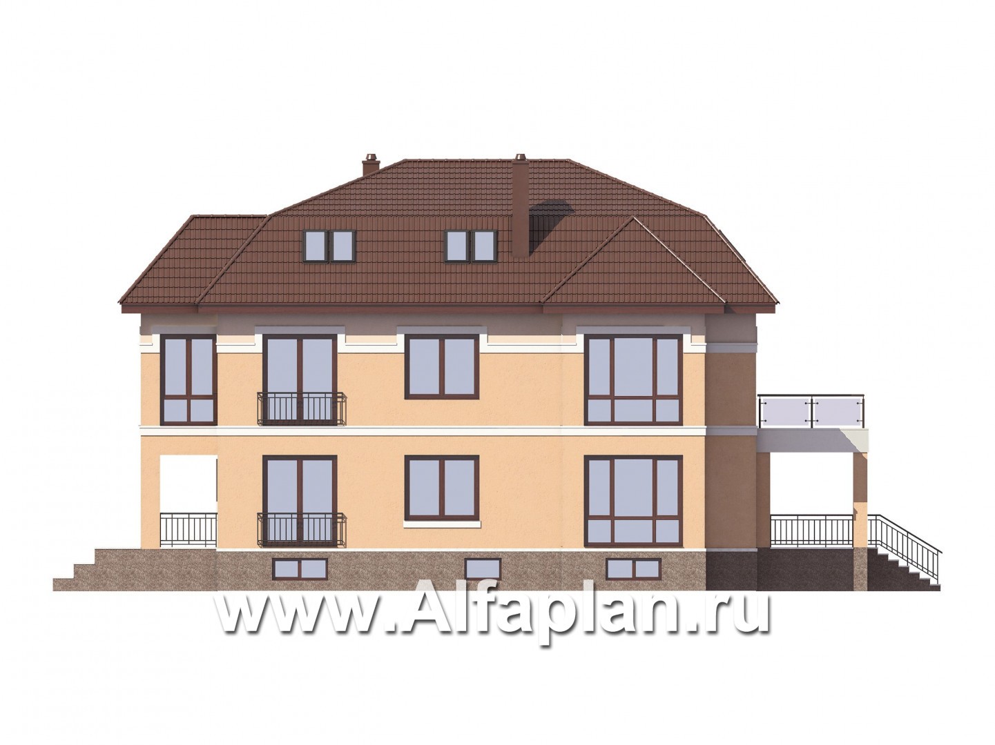 Проекты домов Альфаплан - Особняк бизнес класса с цокольным этажом и мансардой - изображение фасада №4