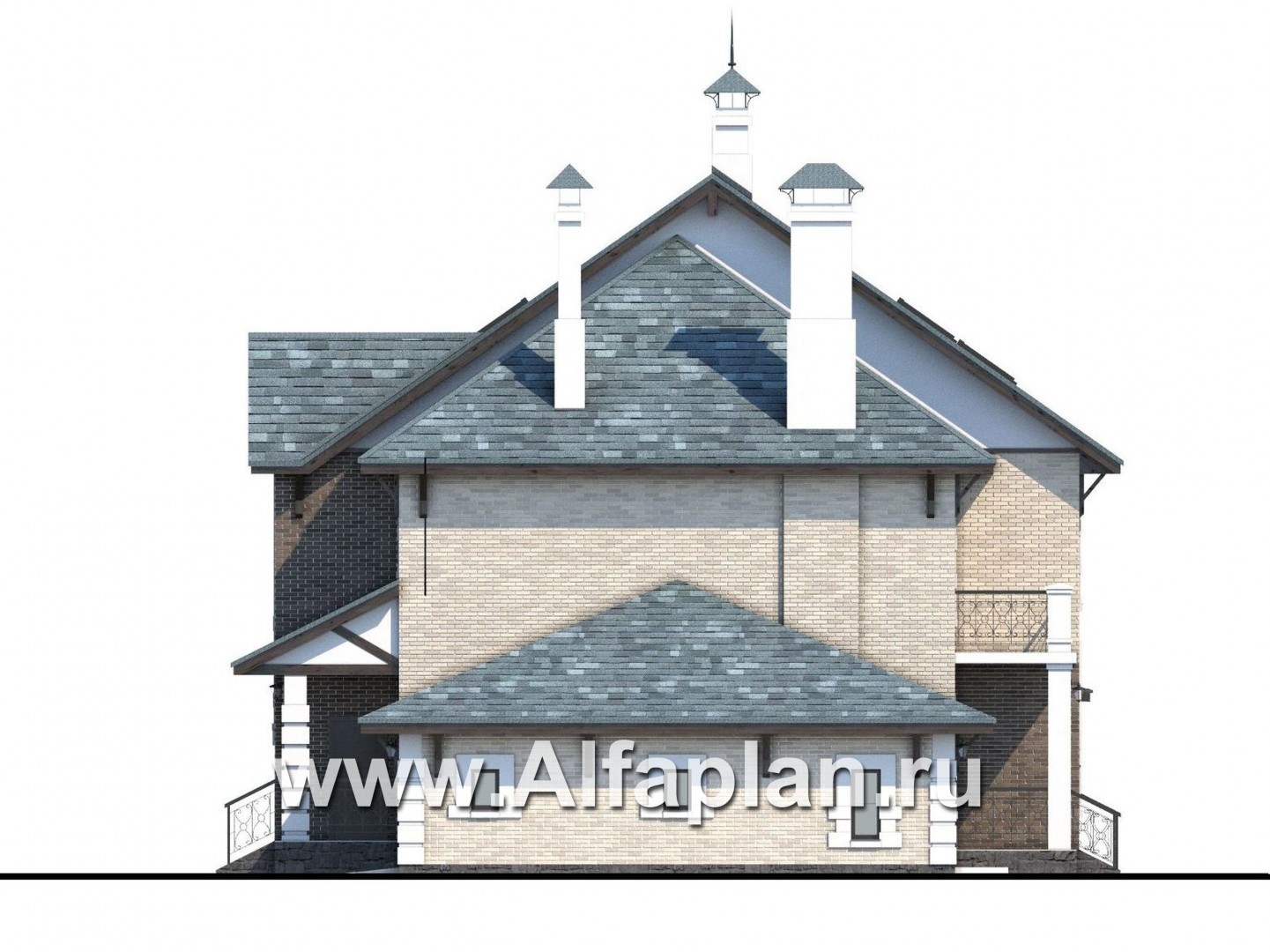 Проекты домов Альфаплан - «Северная регата» - коттедж с большой террасой, гаражом и кинозалом. - изображение фасада №2