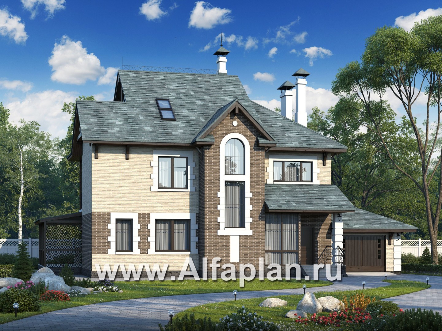 Проекты домов Альфаплан - «Северная регата» - коттедж с большой террасой, гаражом и кинозалом. - основное изображение