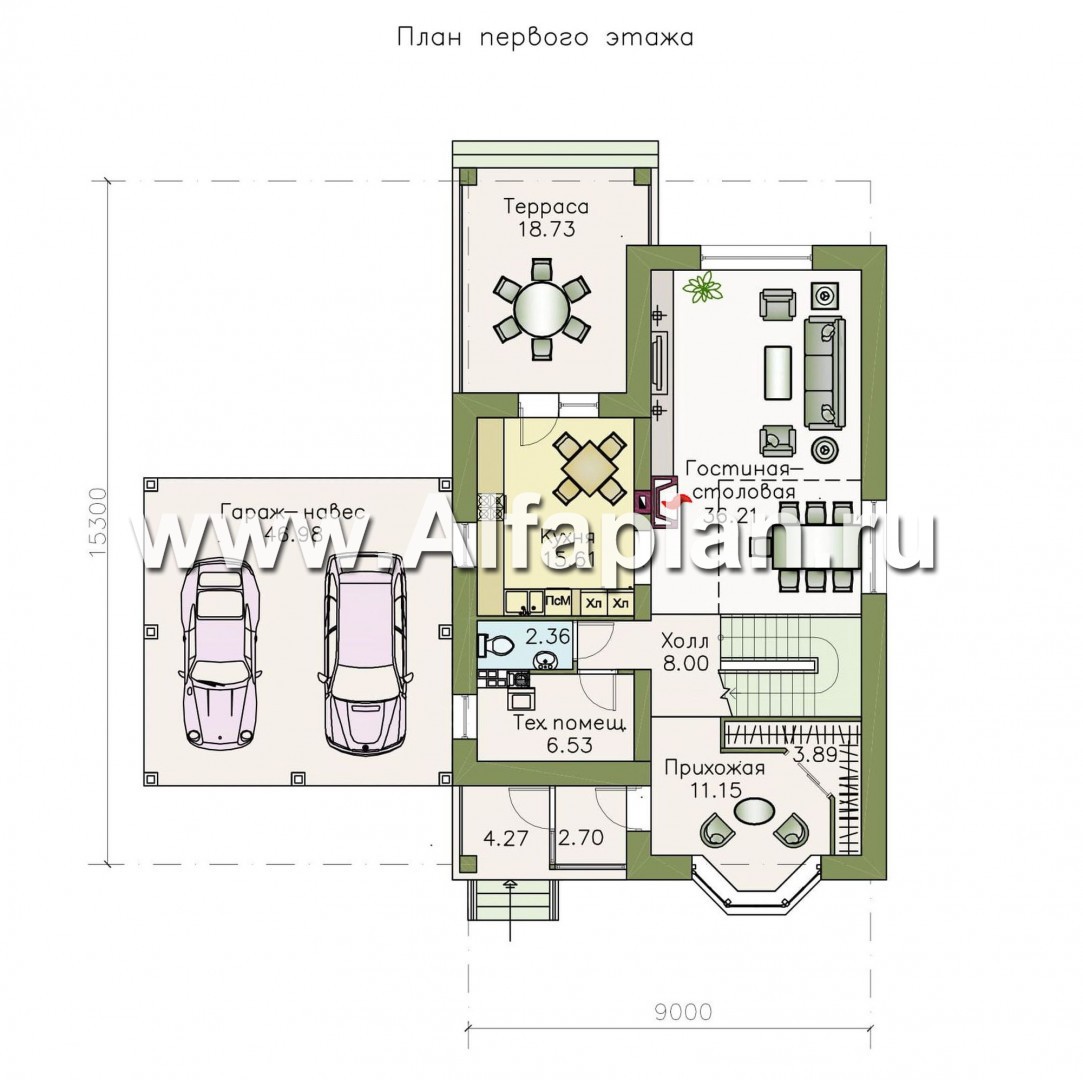 Проекты домов Альфаплан - «Галерея» - коттедж c балконом-галереей и навесом для авто - план проекта №1