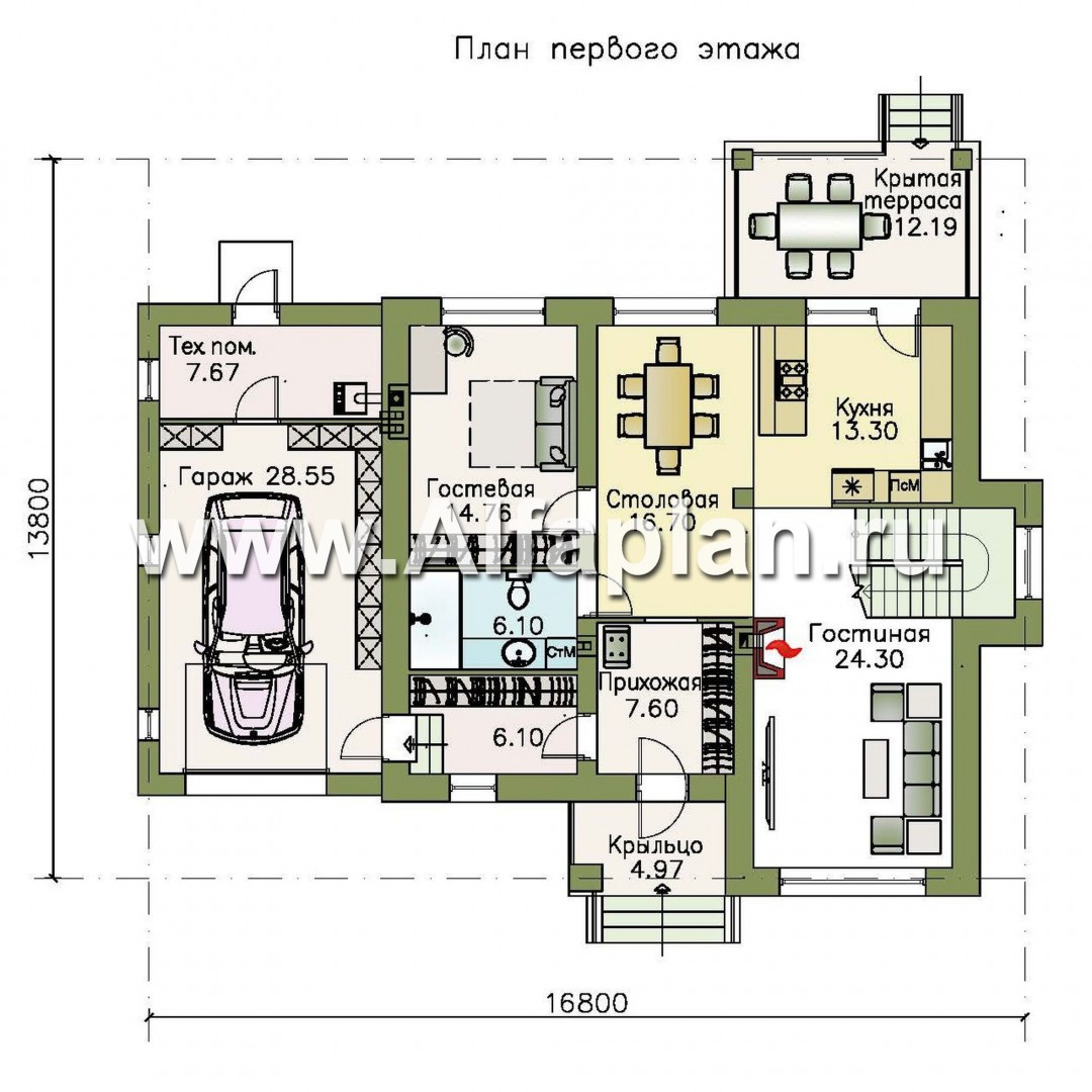Проекты домов Альфаплан - «Страйк» - современный дом с открытой планировкой и гаражом - план проекта №1