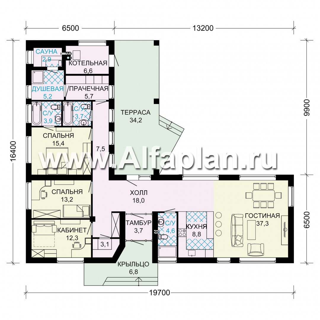 Проекты домов Альфаплан - Одноэтажный дом для углового участка - изображение плана проекта №1