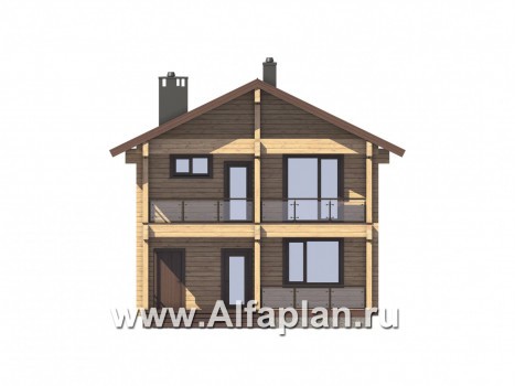 Проекты домов Альфаплан - Двухэтажный коттедж из бруса с террасой и балконом - превью фасада №1