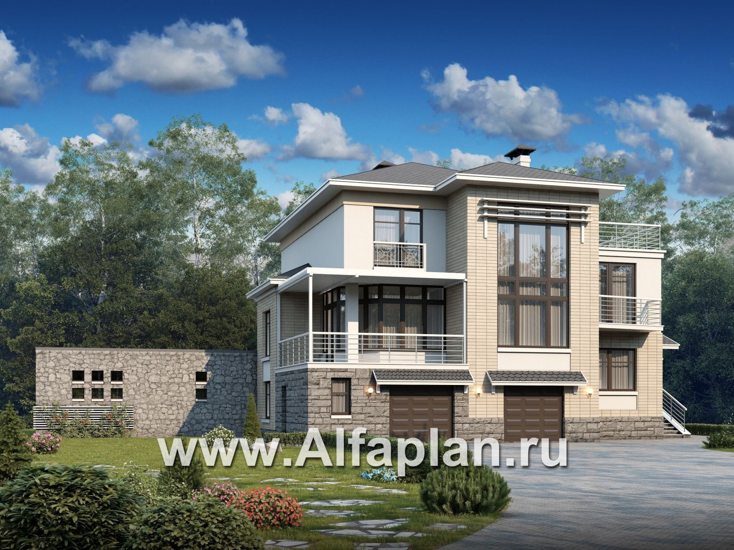 Проекты домов Альфаплан - «Три семерки» — трехэтажный загородный особняк с бассейном ДУО - основное изображение