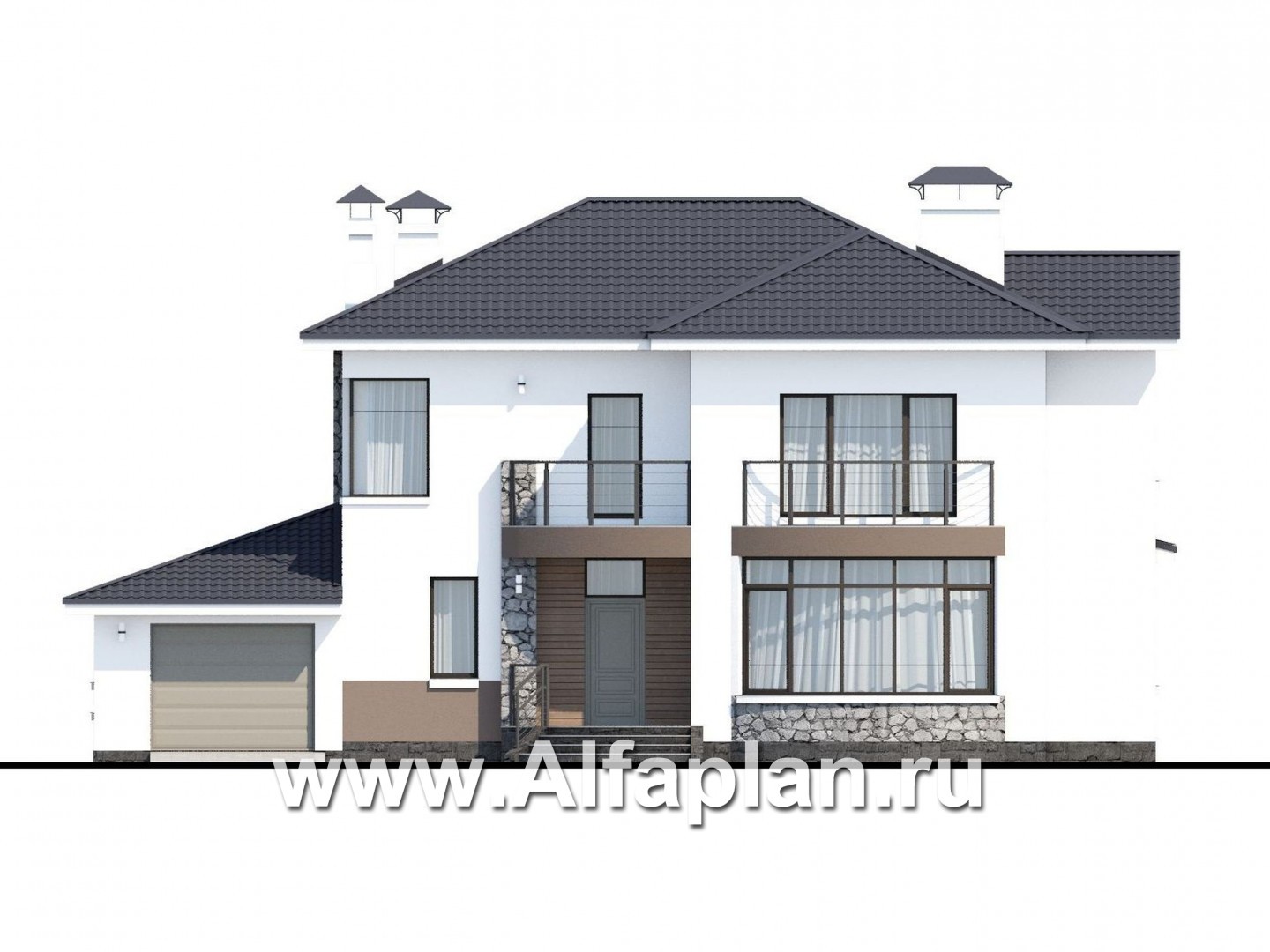 Проекты домов Альфаплан - «Гедонист» -  проект двухэтажного дома с двусветной столовой, с террасой и балконом, гараж, в скандинавском стиле - изображение фасада №1
