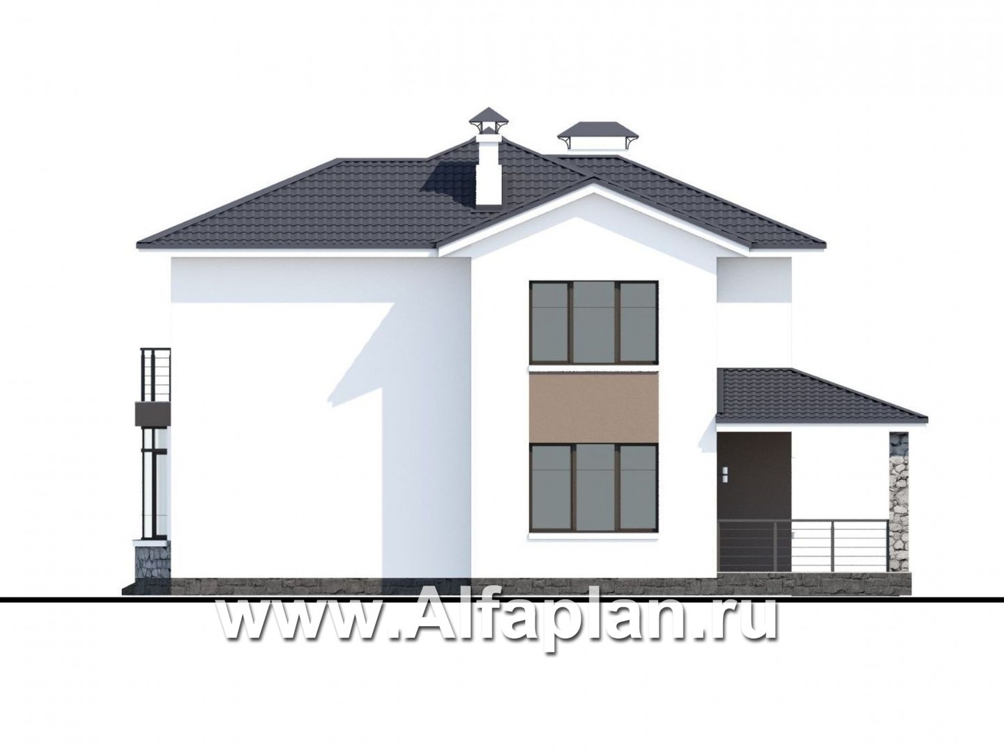 Проекты домов Альфаплан - «Гедонист» -  проект двухэтажного дома с двусветной столовой, с террасой и балконом, гараж, в скандинавском стиле - изображение фасада №2