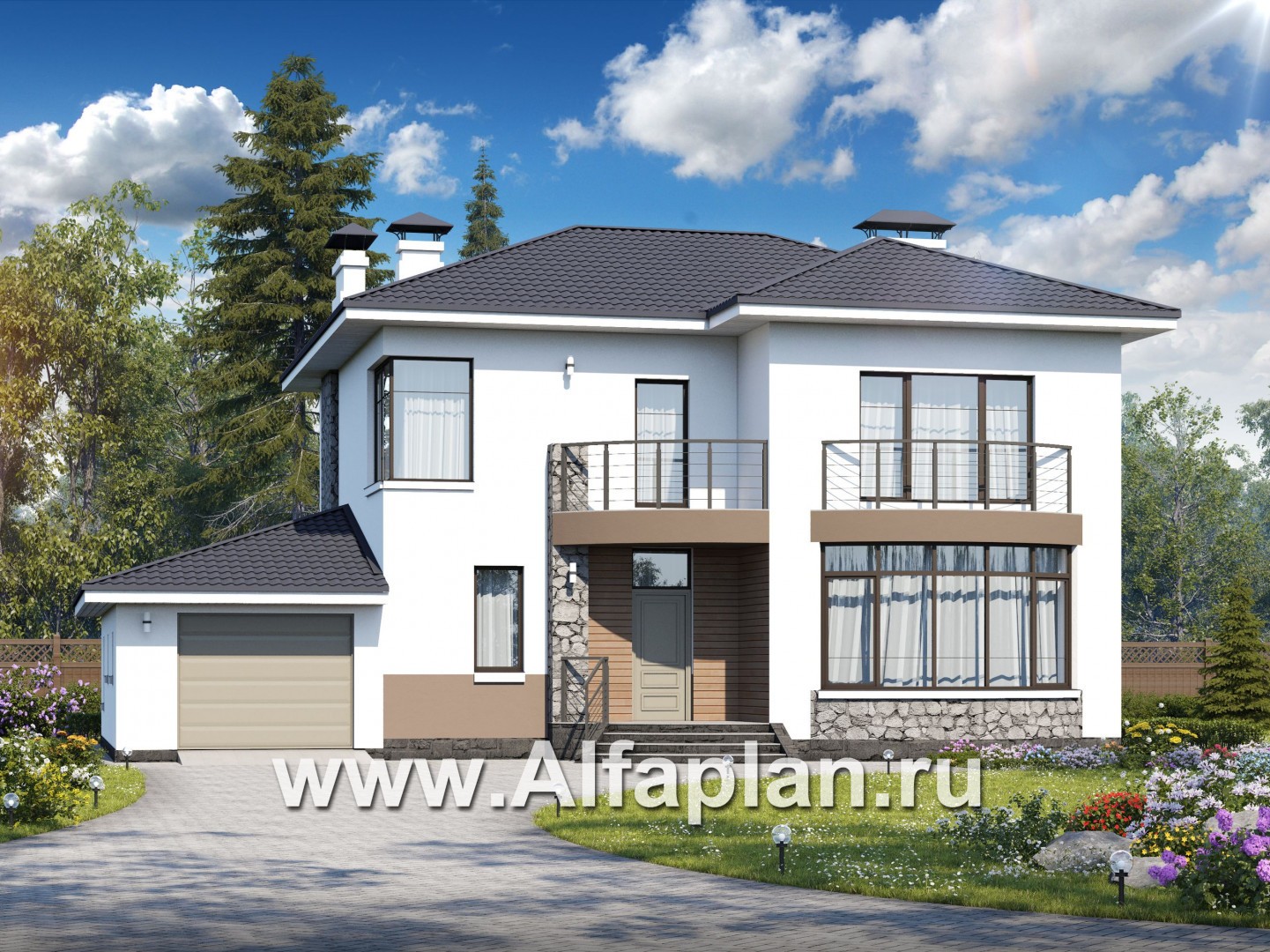 Проекты домов Альфаплан - «Гедонист» -  проект двухэтажного дома с двусветной столовой, с террасой и балконом, гараж, в скандинавском стиле - основное изображение