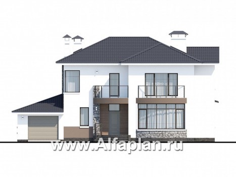 Проекты домов Альфаплан - «Гедонист» -  проект двухэтажного дома с двусветной столовой, с террасой и балконом, гараж, в скандинавском стиле - превью фасада №1