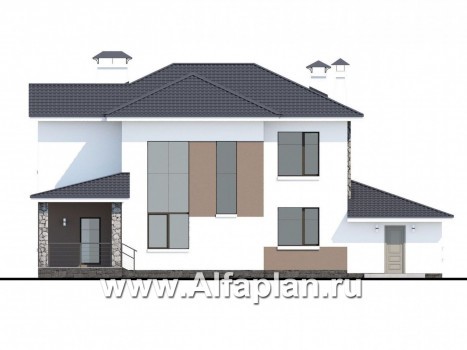 Проекты домов Альфаплан - «Гедонист» -  проект двухэтажного дома с двусветной столовой, с террасой и балконом, гараж, в скандинавском стиле - превью фасада №4