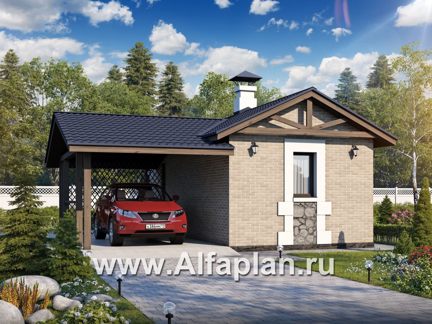 Проекты домов Альфаплан - Баня с навесом для машины для небольшой усадьбы - основное изображение