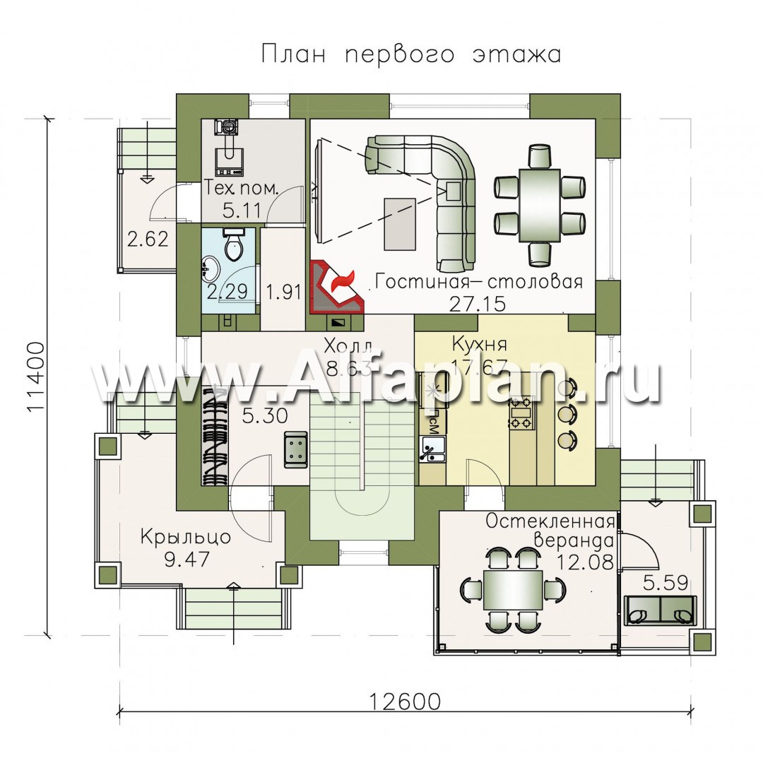 Проекты домов Альфаплан - «Медея» - компактный дом с верандой на главном фасаде - план проекта №1