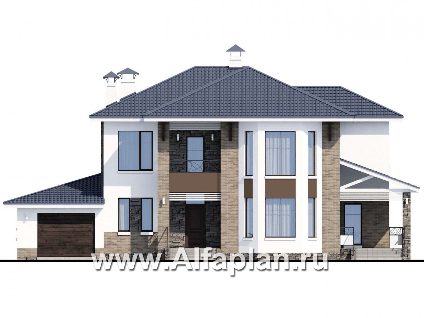 Проекты домов Альфаплан - «Статский советник» - комфортабельный коттедж в современном стиле с гаражом - изображение фасада №1