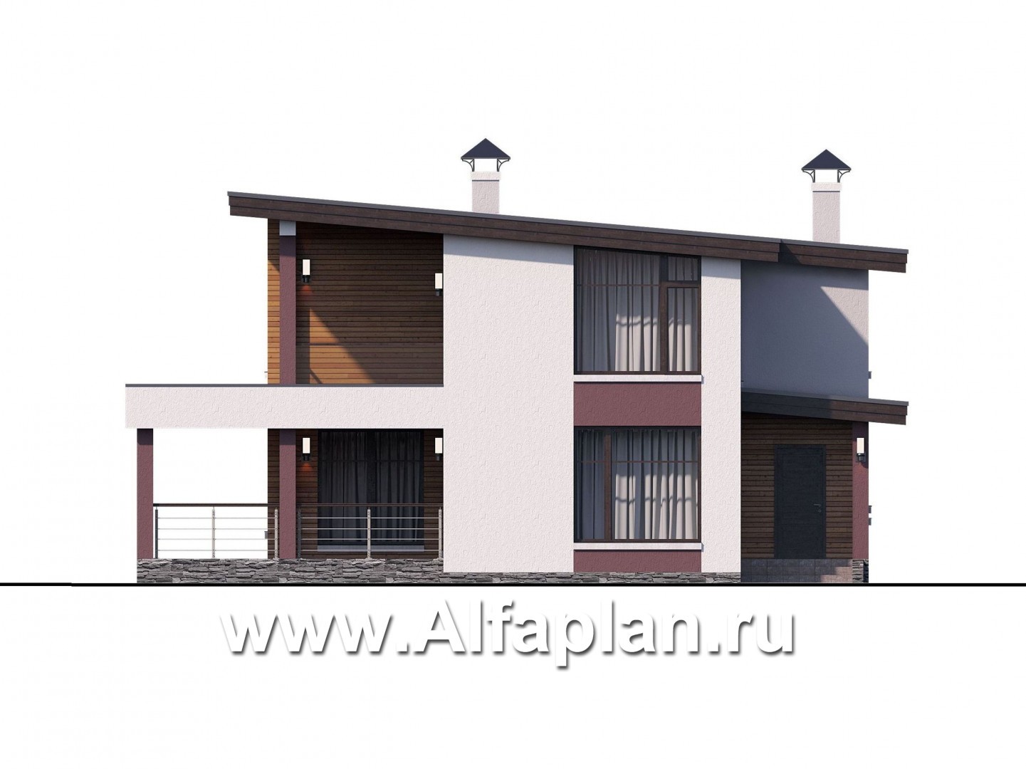 Проекты домов Альфаплан - Двухэтажный коттедж с односкатной кровлей - изображение фасада №1