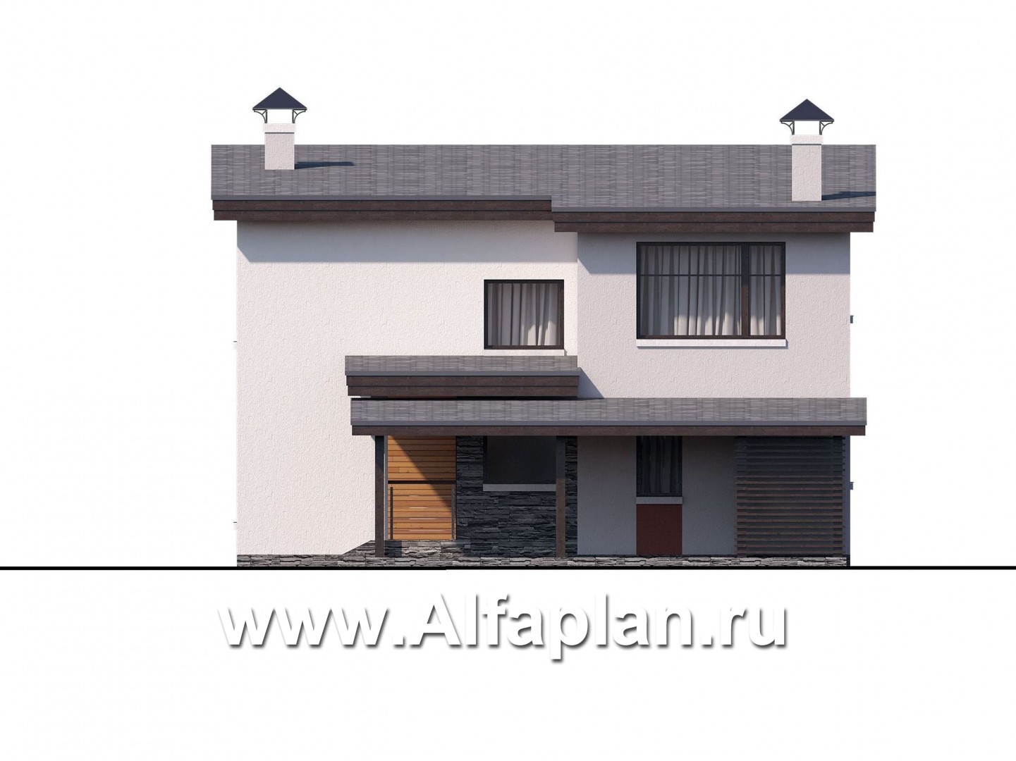 Проекты домов Альфаплан - Двухэтажный коттедж с односкатной кровлей - изображение фасада №2